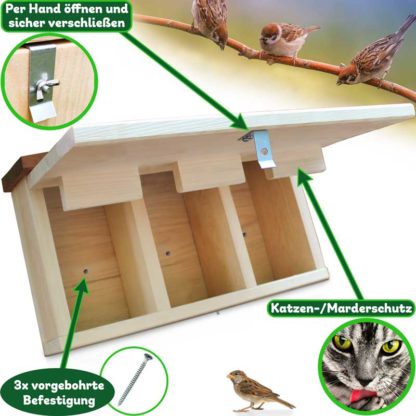 mit Türen naturfarben Vogelhaus Holz Nistkasten Spatzen mit 3 Nistkammern 