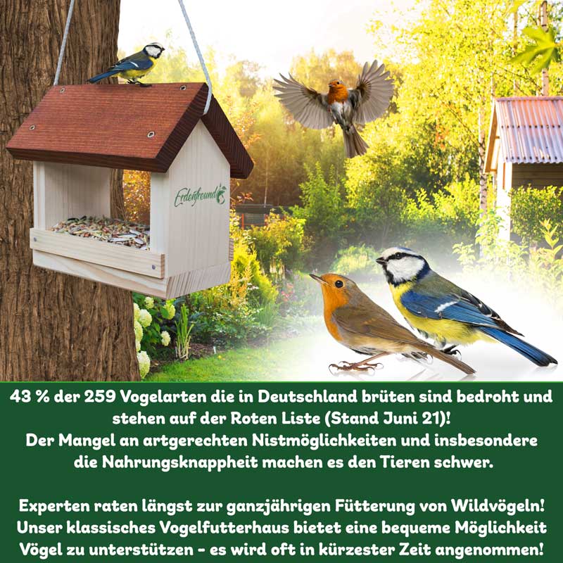 Vogelhaus Erlendach 26 cm Naturdach Futterstelle Vogel Futter Häuschen hängend 